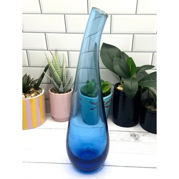 IKEA Blue Hand-Blown Art Glass Teardrop Vase With Curved Neck - Picture 2 of 9